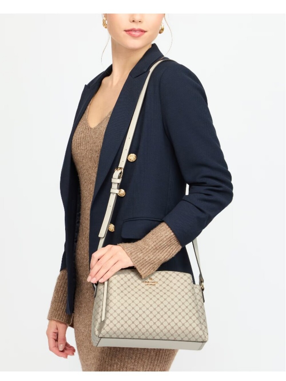 Nine West Cream Patterned Dome Crossbody with Gold Logo